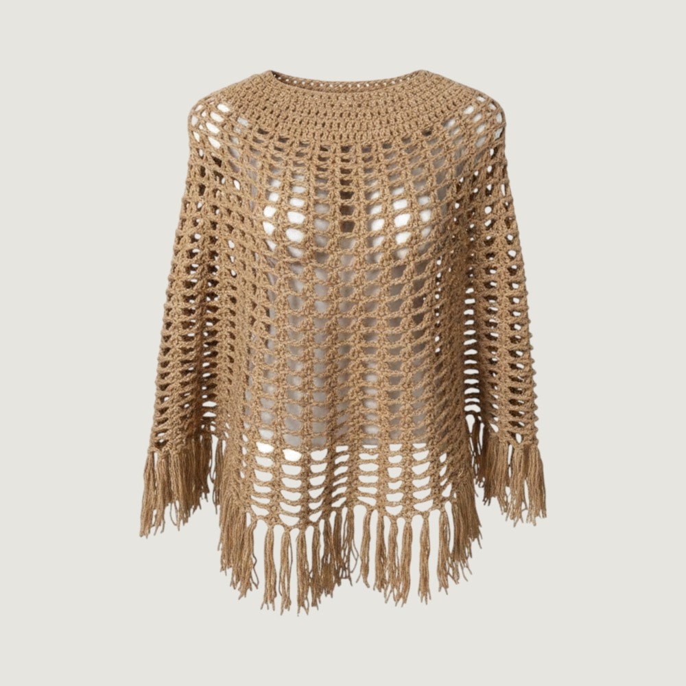 Handmade Vintage Crochet Poncho  Tan Camel  Fringe‎ Boho Festival One Size